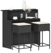 vidaXL 3 pcs conjunto de bar para jardim c/ almofadões vime PE preto
