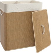 HOMCOM Cesto de Roupa com Tampa 100L de Bambu com 2 Compartimentos Bolsa Interior Amóvivel 52x32x63 cm Marrom e Creme | Aosom Portugal