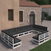 vidaXL 12 pcs conj. lounge de jardim c/ almofadões pinho maciço branco