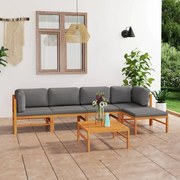 vidaXL 6 pcs conj. lounge jardim c/ almofadões cinzentos teca maciça