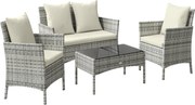 Outsunny Conjunto Sala de Jardim 4 Peças em Rattan com Sofá de 2 Lugares, 2 Cadeiras, Mesa de Centro, Cinza | Aosom Portugal