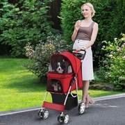 Carrinho de passeio dobrável para animais de estimação, 4 rodas, portátil, para gatos/cães, com janela de cesta, 87 x 46 x 102 cm Vermelho