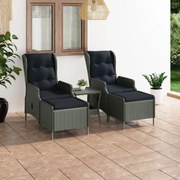 3 pcs conj. lounge jardim c/ almofadões vime PE cinzento-claro