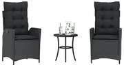 vidaXL 3 pcs conjunto de bistrô com almofadões vime PE preto