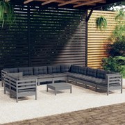 12pcs conjunto lounge de jardim + almofadões pinho maciço cinza