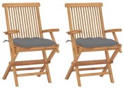 vidaXL Cadeiras de jardim c/ almofadões cinzentos 2 pcs teca maciça
