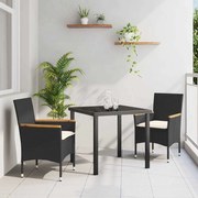 vidaXL Conjunto de Jantar de Jardim 3 Peças com Almofadas em Rattan Sintético Preto