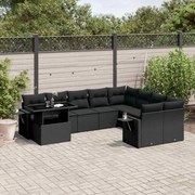 vidaXL 10 pcs conjunto sofás de jardim c/ almofadões vime PE preto
