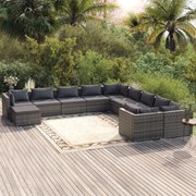 11 pcs conjunto lounge de jardim c/ almofadões vime PE cinzento