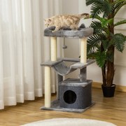 Arranhador para Gatos de 3 Níveis com Caverna Rede Plataforma Bolas Suspensas e Poste de Sisal 48x48x90 cm Cinza