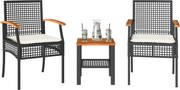 vidaXL Conjunto de bistrô com almofadões 3 pcs vime PE e acácia preto
