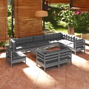 11pcs conjunto lounge de jardim + almofadões pinho maciço cinza