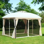 Pavilhão com Tecto Gazebo Pavilhão Exterior 3x3.65x2.75m Carpa de Jardim Marco de Ferro com Parede Lateral e Mosquiteira Cor Creme