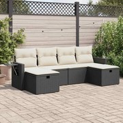 6 pcs conjunto sofás de jardim c/ almofadões vime PE preto