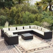 11 pcs conjunto lounge de jardim c/ almofadões vime PE preto