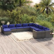 11 pcs conjunto lounge de jardim c/ almofadões vime PE cinza