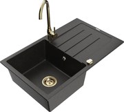 Mexen Bruno lava-louça de granito com 1 cuba e escorredor e torneira de cozinha Telma, preto/dourado - 6513-75-670200-50