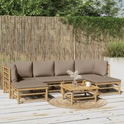 7 pcs conj. lounge jardim bambu c/ almofadões cinza-acastanhado