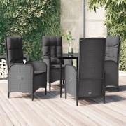 5 pcs conjunto de jantar p/ jardim c/ almofadões vime PE preto