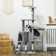 Arranhador para Gatos de 134,2 cm com Caverna Plataformas Rato de Brinquedo Rede e Postes de Sisal 50x35x134,2 cm Cinza