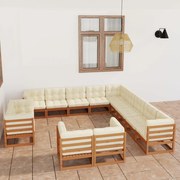 vidaXL 13 pcs conj. lounge jardim almofadões pinho maciço castanho mel