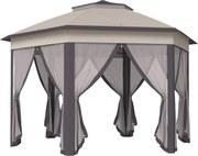 Outsunny Tenda Dobrável 4x3,4 m Hexagonal com Duplo Teto 6 Mosquiteiras Destacáveis e Saco de Transporte Castanho e Bege | Aosom Portugal