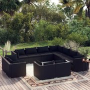 vidaXL 11 pcs conjunto lounge de jardim c/ almofadões vime PE preto