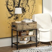 Mesinha Auxiliar Industrial com Estação de Carga Gaveta e Prateleiras Abertas 60x30x66,5 cm Castanho Rústico