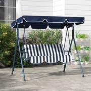 Baloiço de Jardim de 3 Lugares com Almofada Toldo Ajustável e Estrutura de Metal 172x110x153cm Azul e Branco