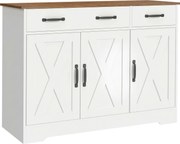 HOMCOM Buffet para cozinha, móvel de arrumação com 3 portas de celeiro, 2 gavetas e prateleiras ajustáveis, 108 x 40 x 81 cm, branco | Aosom Portugal