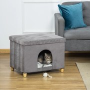 Caverna para Gatos Dobrável 2 em 1 Banco para Apoio dos Pés com Tampa Removível Orifício 60x45x44,5cm Cinza