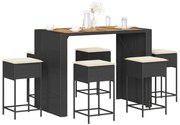 vidaXL 7 pcs conjunto de bar para jardim c/ almofadões vime PE preto