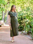Vestido comprido estilo camisa, especial gravidez e amamentação, da ENVIE DE FRAISE caqui