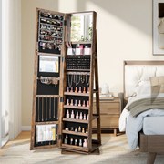 Armário para joias 43 x 38 x 159 cm giratório 360° com espelho de corpo inteiro prateleiras traseiras cor castanho vintage