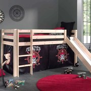 Conjunto Cama alta de Criança PINO 90 x 200 cm + estrado + escada + escorrega + cortina Piratas Natural