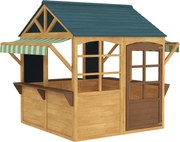 AIYAPLAY Casinha de Jogos Infantil de Madeira com Janelas Lousas Telhado e Toldo 173x117x144 cm Madeira Natural | Aosom Portugal