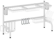 HOMCOM Escorredor de Louça de Aço de 2 Níveis com Prateleira para Pratos Suporte para Facas e Talheres 100x30x54,5 cm Branco | Aosom Portugal