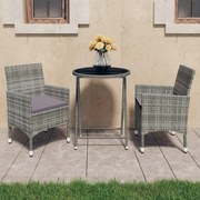 vidaXL 3 pcs conjunto bistrô jardim vime PE e vidro temperado cinzento