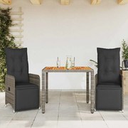 vidaXL 3 pcs conjunto bistrô de jardim c/ almofadões vime PE cinza