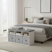 Banco arrumação 87 x 30,3 x 48 cm com 6 compartimentos e 3 caixas, banco para sapatos para a entrada, branco-cinza