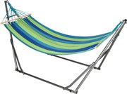 Outsunny Cama Rede com Suporte Dobrável 2 em 1 Estendal com Barra Estrutura de Aço para Jardim 270x100x94 cm Azul e Verde | Aosom Portugal