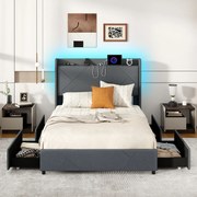 Estrutura de cama dupla com luzes LED 200 x 140 cm (SEM COLCHÃO), com estação de carregamento, e 4 gavetas, cinzenta
