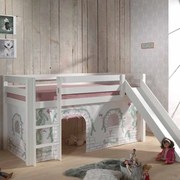 Conjunto Cama alta de Criança PINO 90 x 200 cm + estrado + escada + escorrega + cortina Pássaros branca