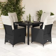 vidaXL 5 pcs conjunto de jantar p/ jardim c/ almofadões vime PE preto