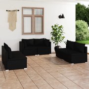 6 pcs conjunto lounge de jardim c/ almofadões vime PE preto