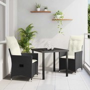 vidaXL Conjunto de Jantar de Jardim com 3 Peças e Almofadas em Poly Rattan Preto