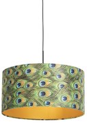 Candeeiro de suspensão com abajur de veludo azul-petróleo com dourado 50 cm - Combi Clássico / Antigo