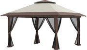 Outsunny Tenda Dobrável Pop-Up 3,9x3,9 m Tenda de Jardim com Altura Ajustável Proteção UV50+ Rede Mosquiteira e Bolsa de Transporte com Rodas Bege e Marrom | AOSOM Portugal