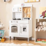 Cozinha de brincar para crianças de madeira 63 x 30 x 100/104/105,5 cm com 3 alturas ajustáveis Micro-ondas Fogões Pia Forno Máquina Branca