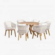 Conjunto De Mesa Redonda De Madeira (ø120 Cm) Naele E 6 Cadeiras De Jardim Barker Gardénia Branco - Sklum